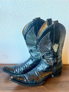 Black Men's Western Cowboy Boots with Detailed Stitching Exotic
